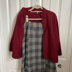 Classiques Entier Wool Burgundy Open-Front Sweater and Plaid Skirt Set